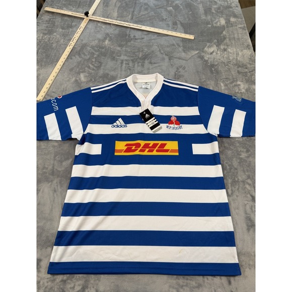 Adidas WP Rugby DHL Vodacom Striped Jersey Shirt Men's XXL Blue White NWT